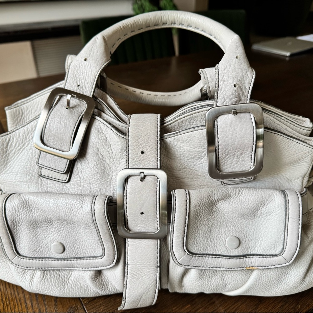 Cole Haan Stone White Leather Satchel with Silver Accents